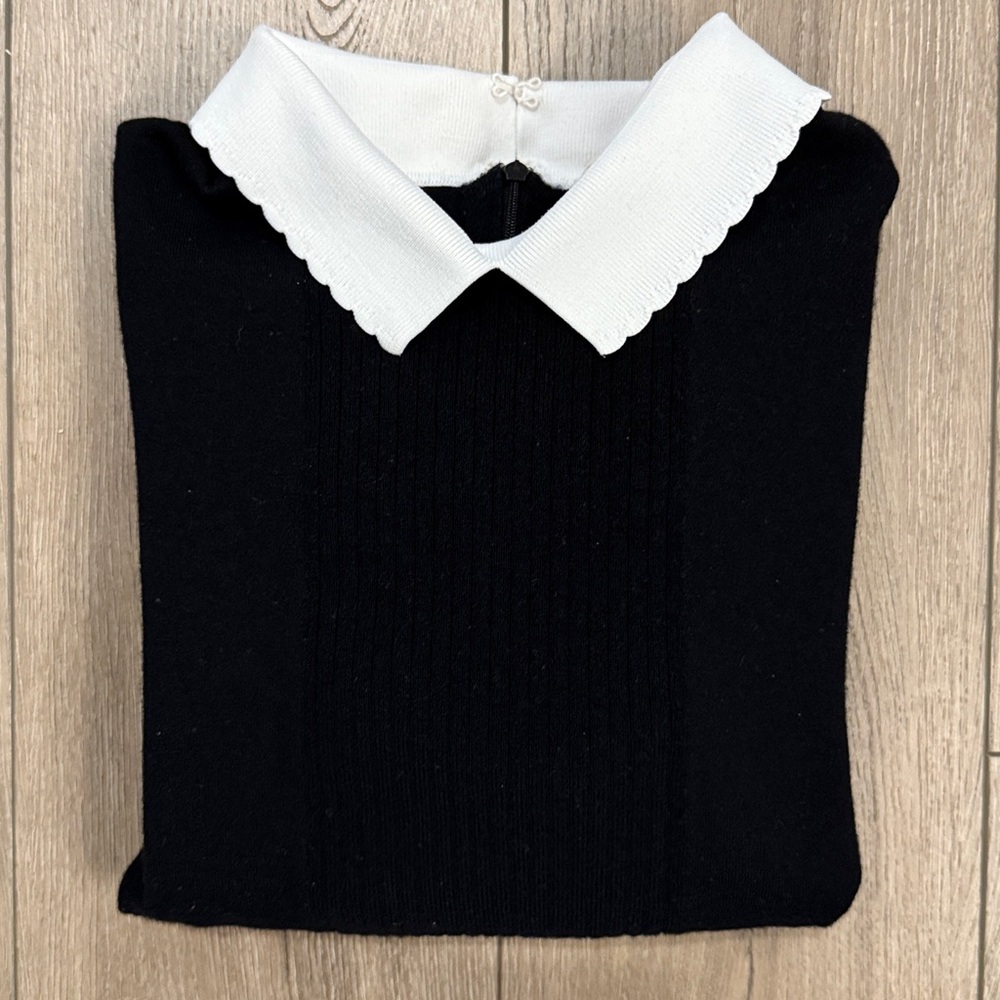 Tory Burch Black Peplum Ribbed Front Sweater w/ White Contrast Collar & Cuffs L - Picture 7 of 9